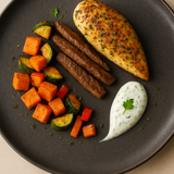Mediterranes Ofengemüse mit Süßkartoffeln, Hähnchen und Rind – mit Sonnengefühl-Gewürzmischung