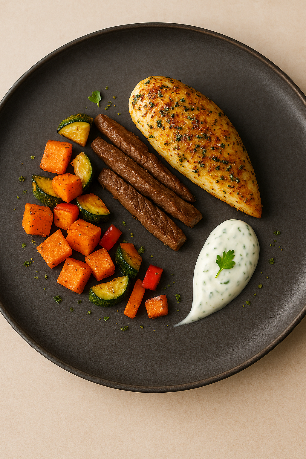 Mediterranes Ofengemüse mit Süßkartoffeln, Hähnchen und Rind – mit Sonnengefühl-Gewürzmischung