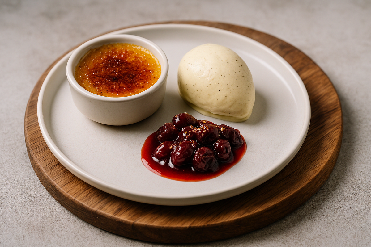 Tonkabohneneis mit Karamellcreme & glasierten Sauerkirschen im Zimtblütenwein
