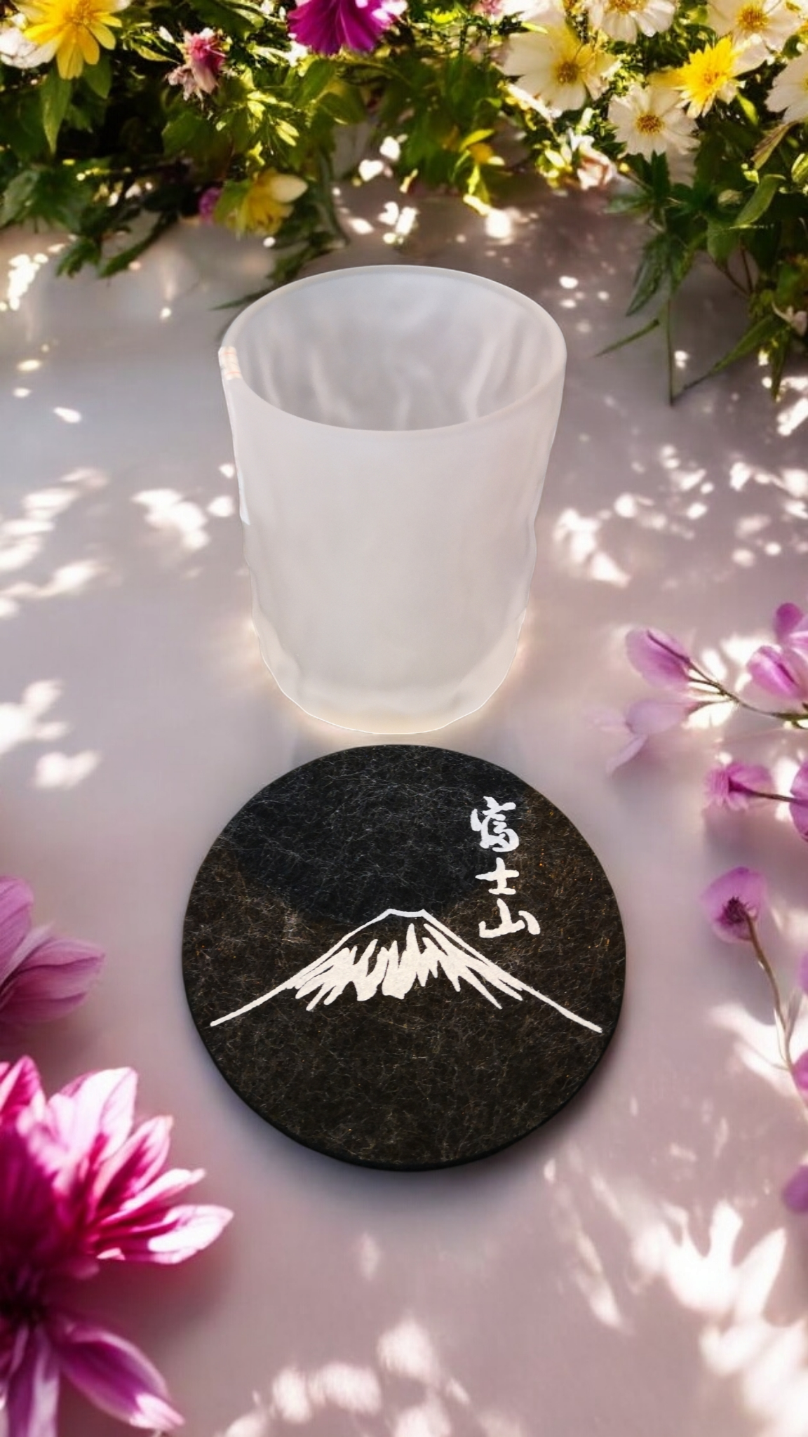 Mattes Frostglas im japanischen Stil mit Holz-Geschenkbox + Filzuntersetzer – 250ml - Handgemacht